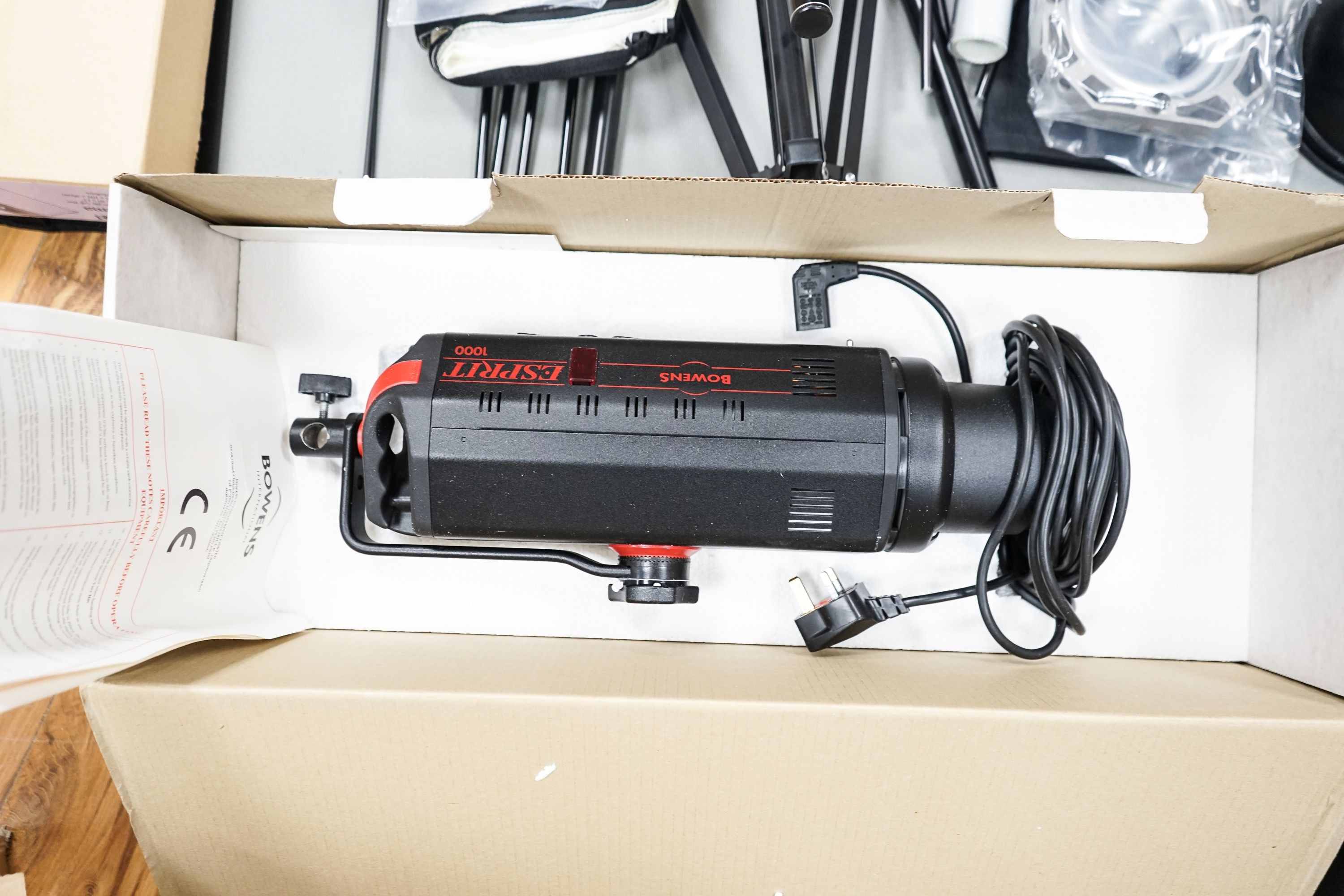 Professional photography equipment including a Pentax P30T SLR camera with Tamron 90mm f/2.5 lens, a pair of Bowens Esprit 1000 lights and a pair of Esprit 500 lights, a pair of Esprit 2 500 lights, various soft boxes, v